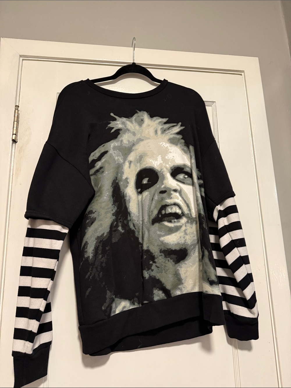 Hot Topic Black White Striped Sleeve Beetlejuice Graphic Sweater